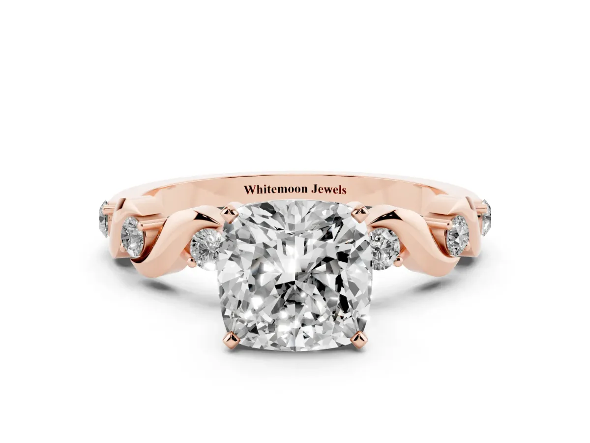 Cushion Cut Diamond Solitaire Twisted Band with Round Accents and Prong Setting Rose gold