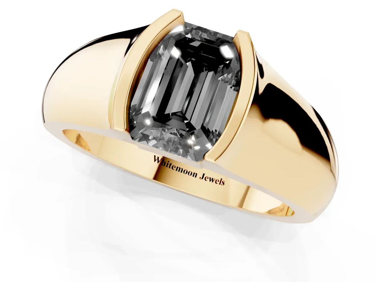 Fancy Black Emerald Cut Solitaire Bezel Set Diamond Ring with Wide Band Yellow gold