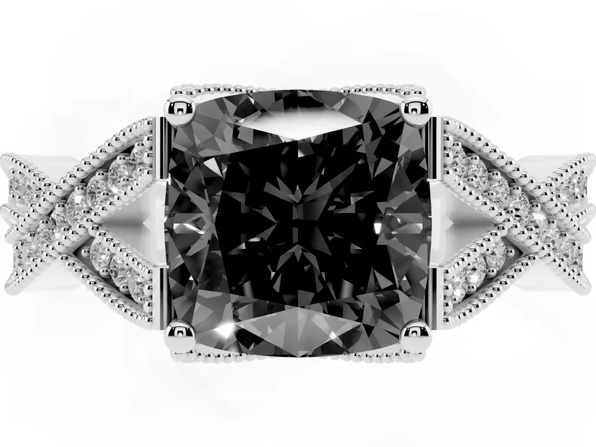 Fancy Black Cushion Cut Cut Diamond Twisted Band with Milgrain Pave Setting and Four-Prong Setting Silver