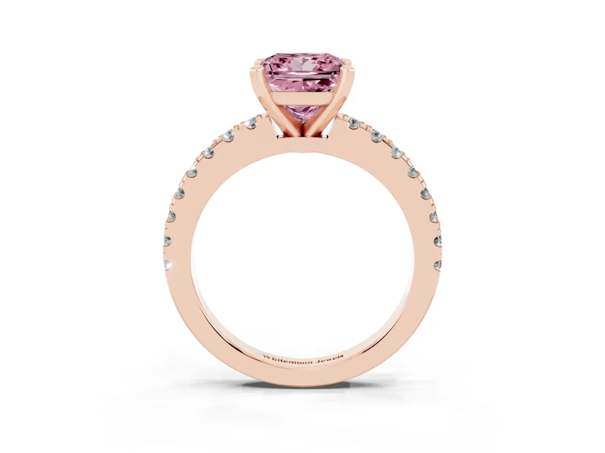 Fancy Pink Princess Cut Solitaire Diamond with Pavé Band and Four-Prong Setting Rose gold