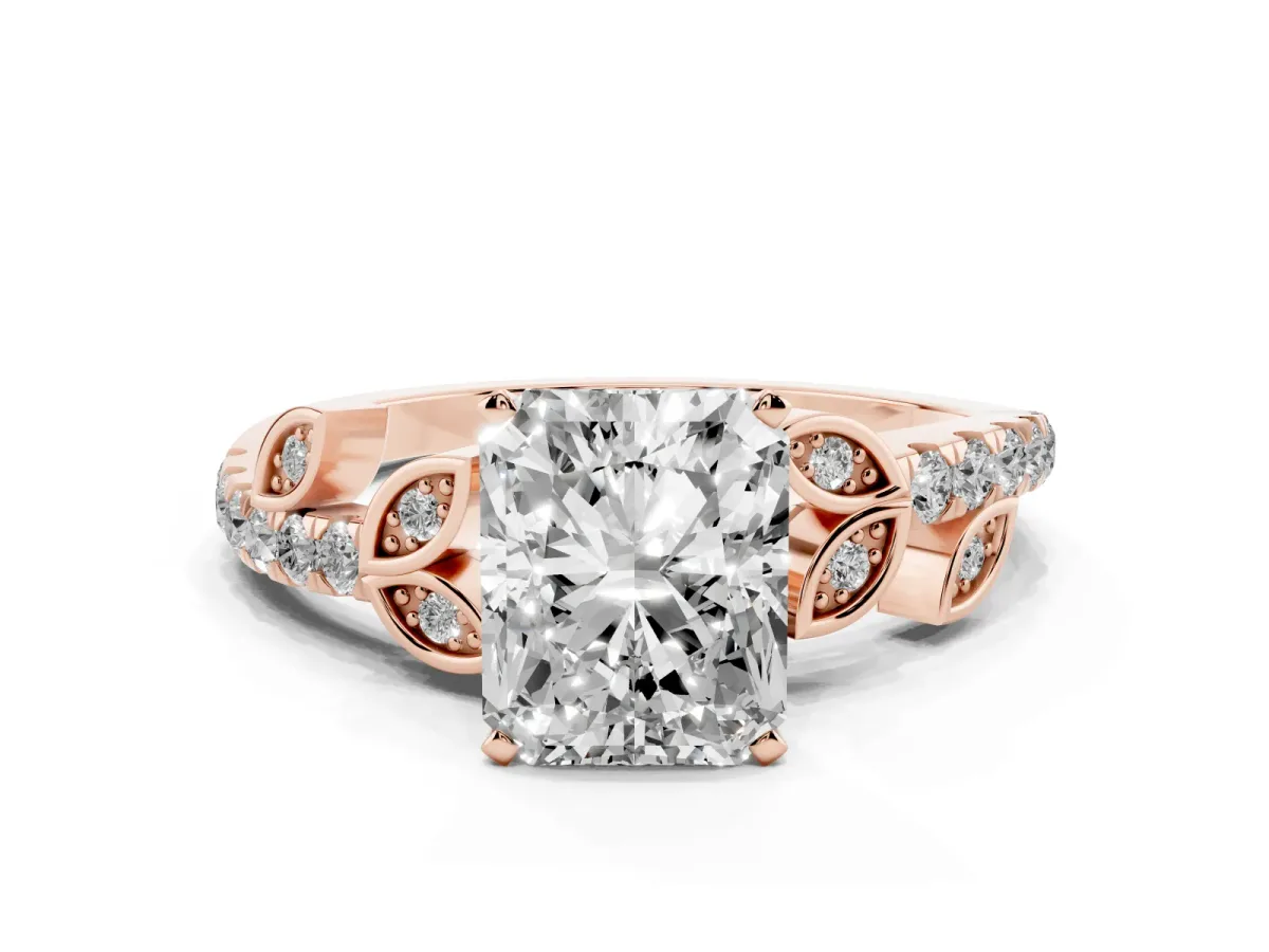 Radiant Cut Solitaire Leaf-Inspired Diamond Ring with Pavé Band and Four-Prong Setting Rose gold