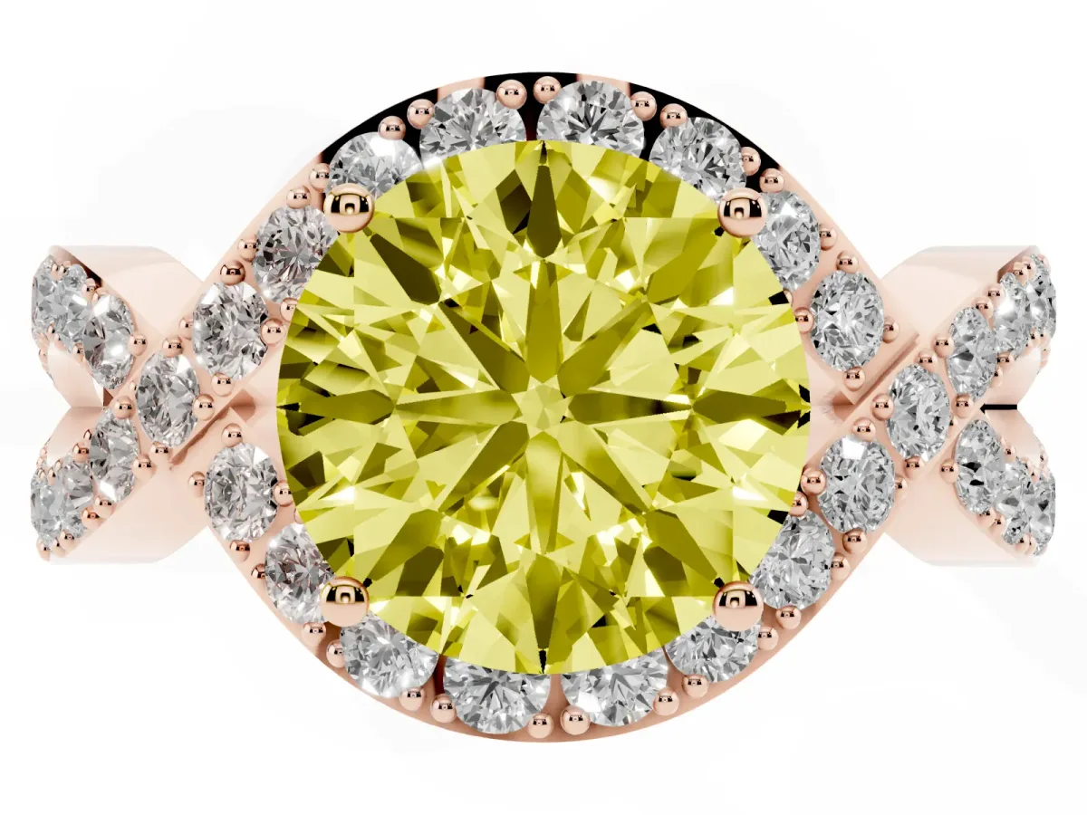 Fancy Yellow Round Cut Solitaire Twist Band Pavé Diamond Engagement Ring Rose gold