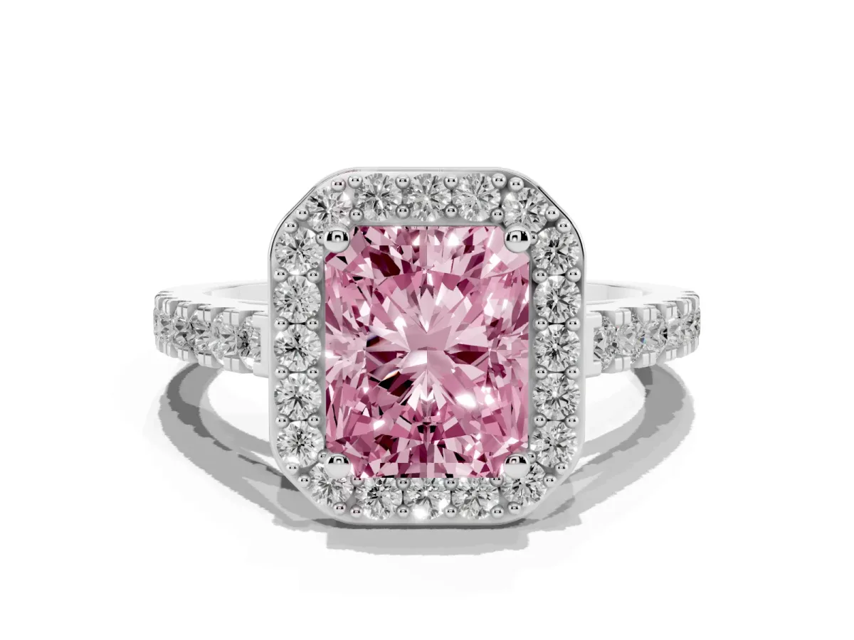 Fancy Pink Radiant Cut Diamond Halo Ring with Round Pavé Split Shank and Prong Setting Silver