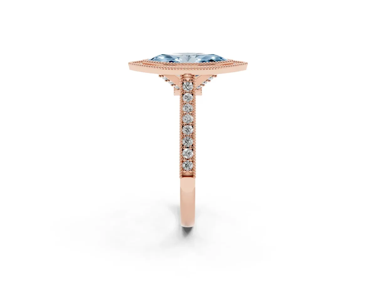 Fancy Blue Halo Marquise Cut-Cut Diamond Pave Band Milgrain Prong Setting Ring Rose gold