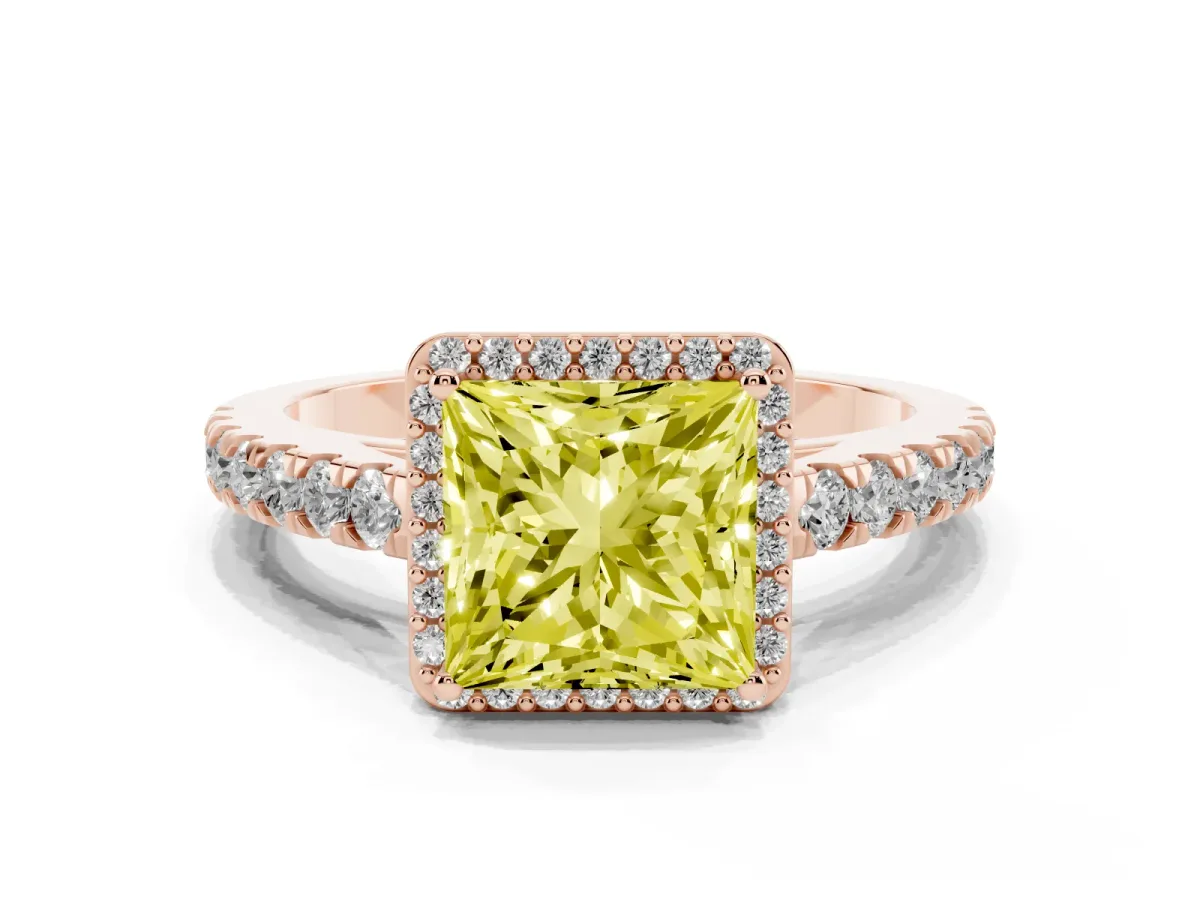 Fancy Yellow Princess Cut Cut Halo Diamond Engagement Ring with Pave Band and Four-Prong Setting Rose gold