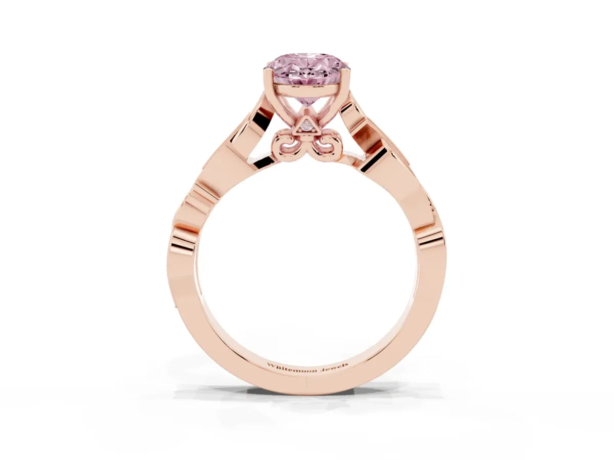 Fancy Pink Oval Cut Solitaire Vine Band with Milgrain Prong Setting Rose gold