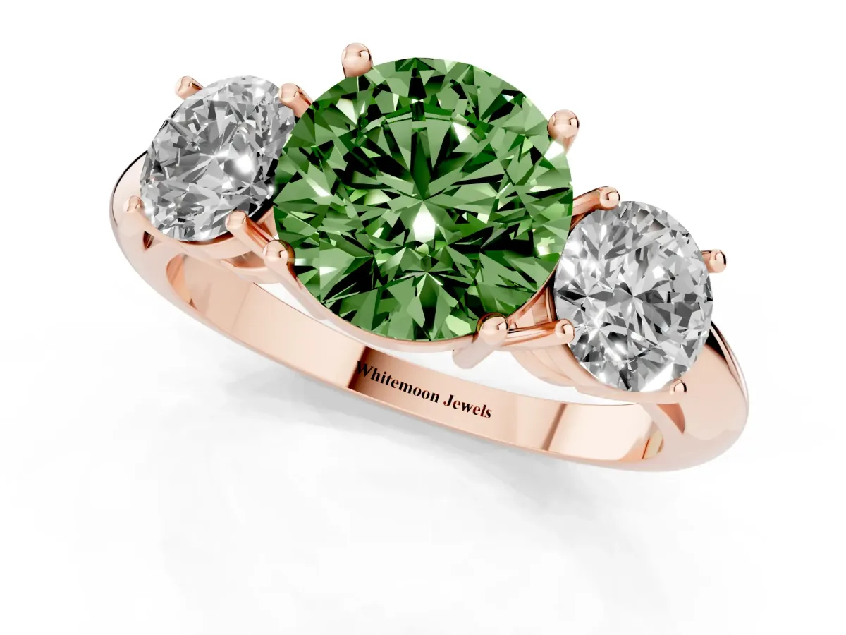 Fancy Green Three-Stone Round Cut Cut Diamond Engagement Ring with Prong Setting on a White Gold Band Rose gold