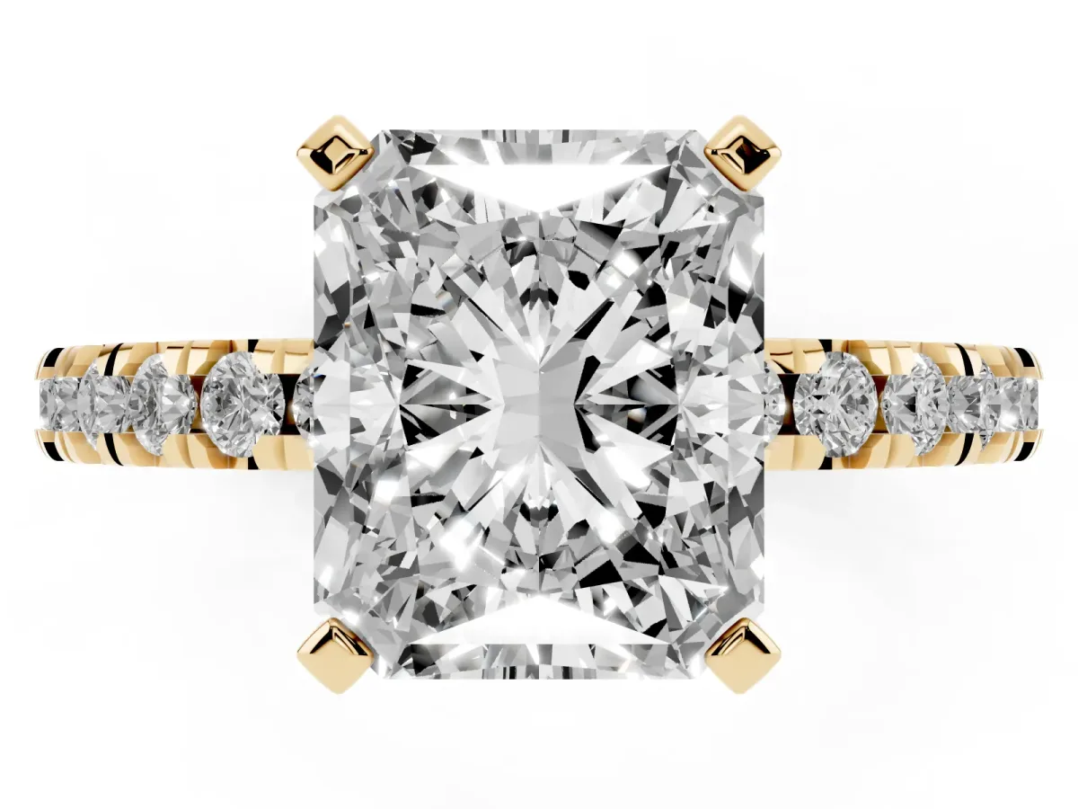 Radiant Cut Diamond Pavé Band Solitaire with Four-Prong Setting Yellow gold