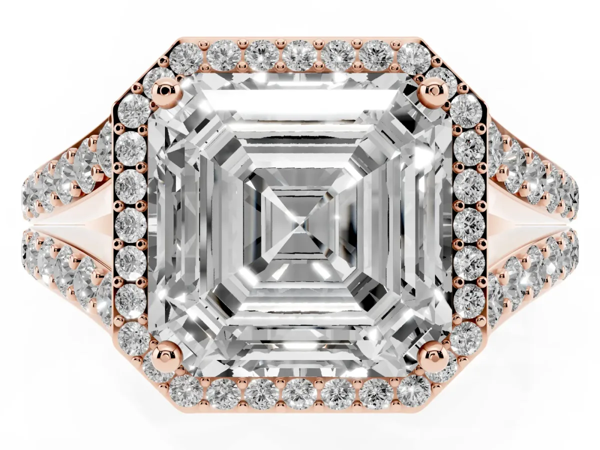 Asscher Cut Diamond Split Shank Halo Ring with Four-Prong Setting Rose gold