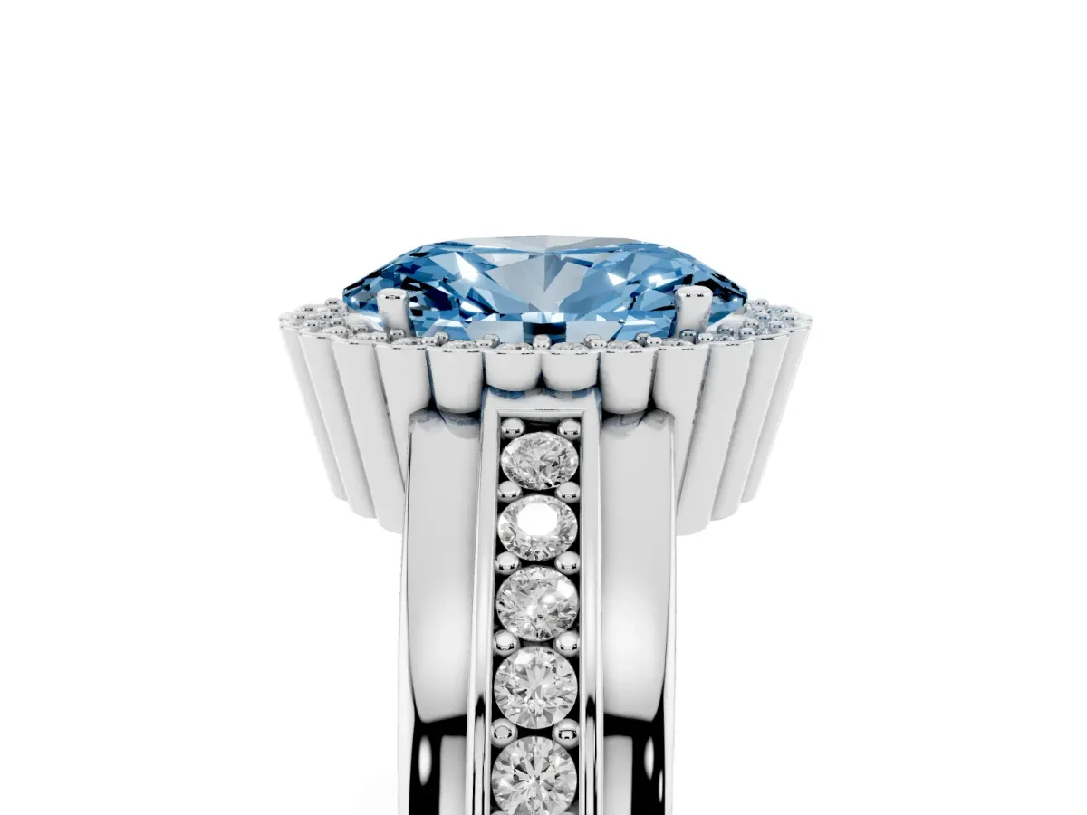 Fancy Blue Oval Cut Cut Halo Pave Band Four-Prong Ring Silver
