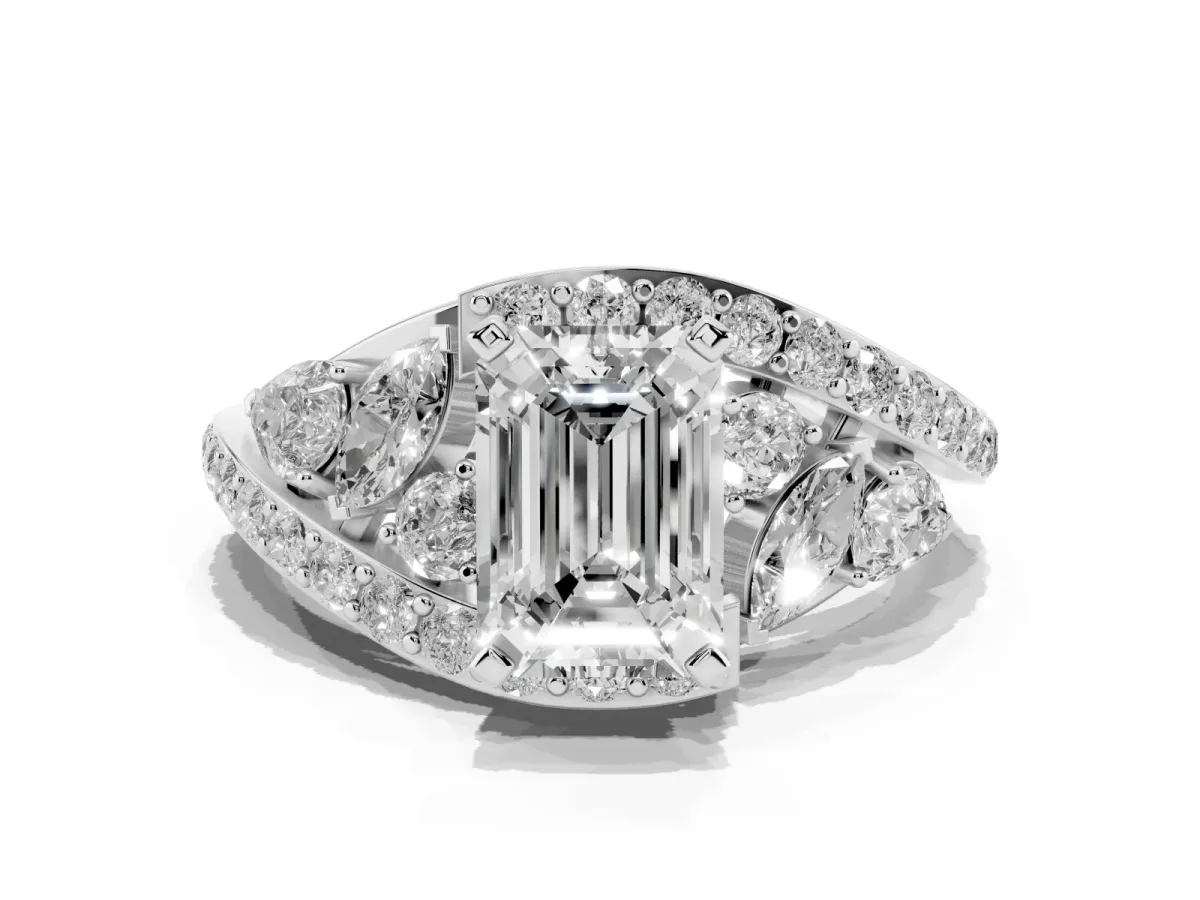 Emerald Cut Diamond Halo Ring with Marquise and Pavé Band in Prong Setting Platinum