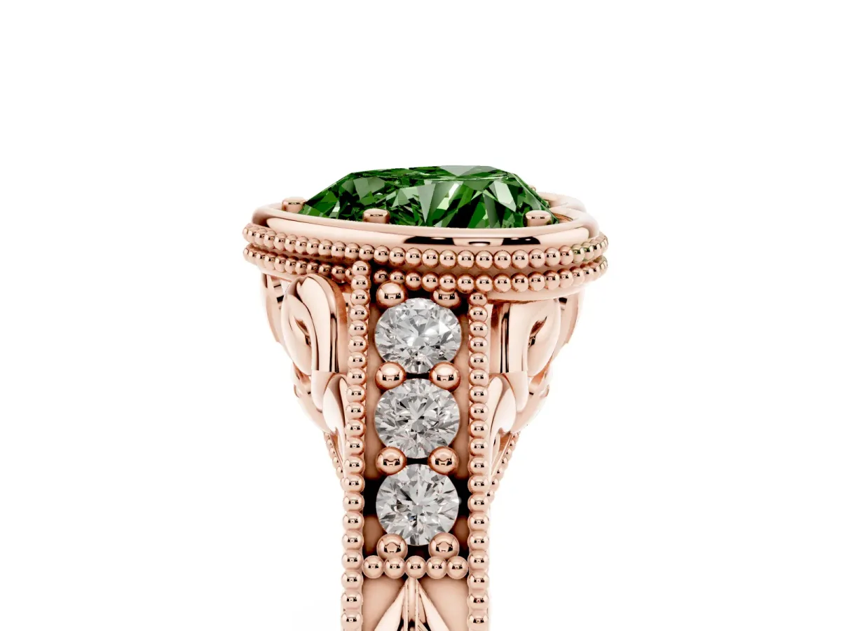Fancy Green Bezel Set Heart Cut Diamond Milgrain Pave Engagement Ring Rose gold