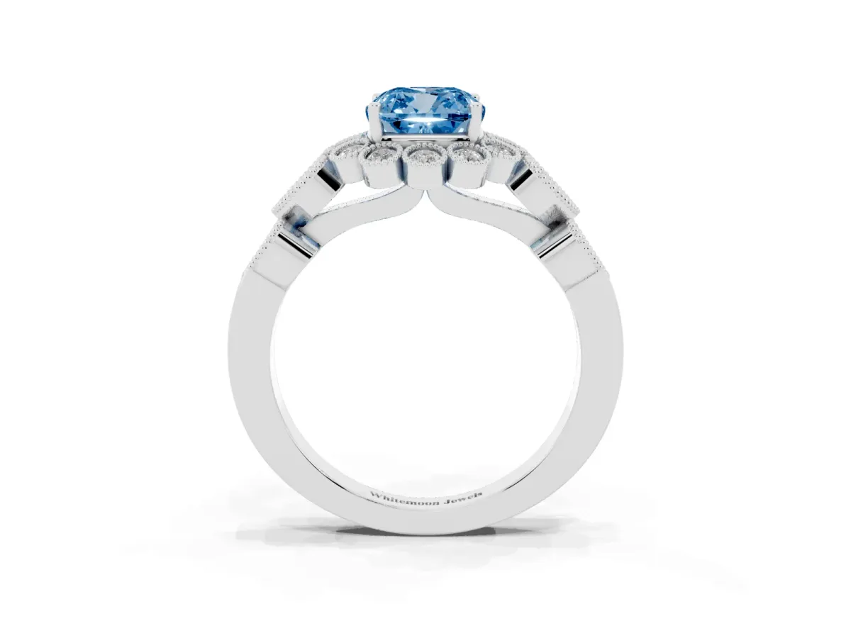 Fancy Blue Cushion Cut Brilliant Milgrain Pave Heart Band Solitaire Ring Platinum