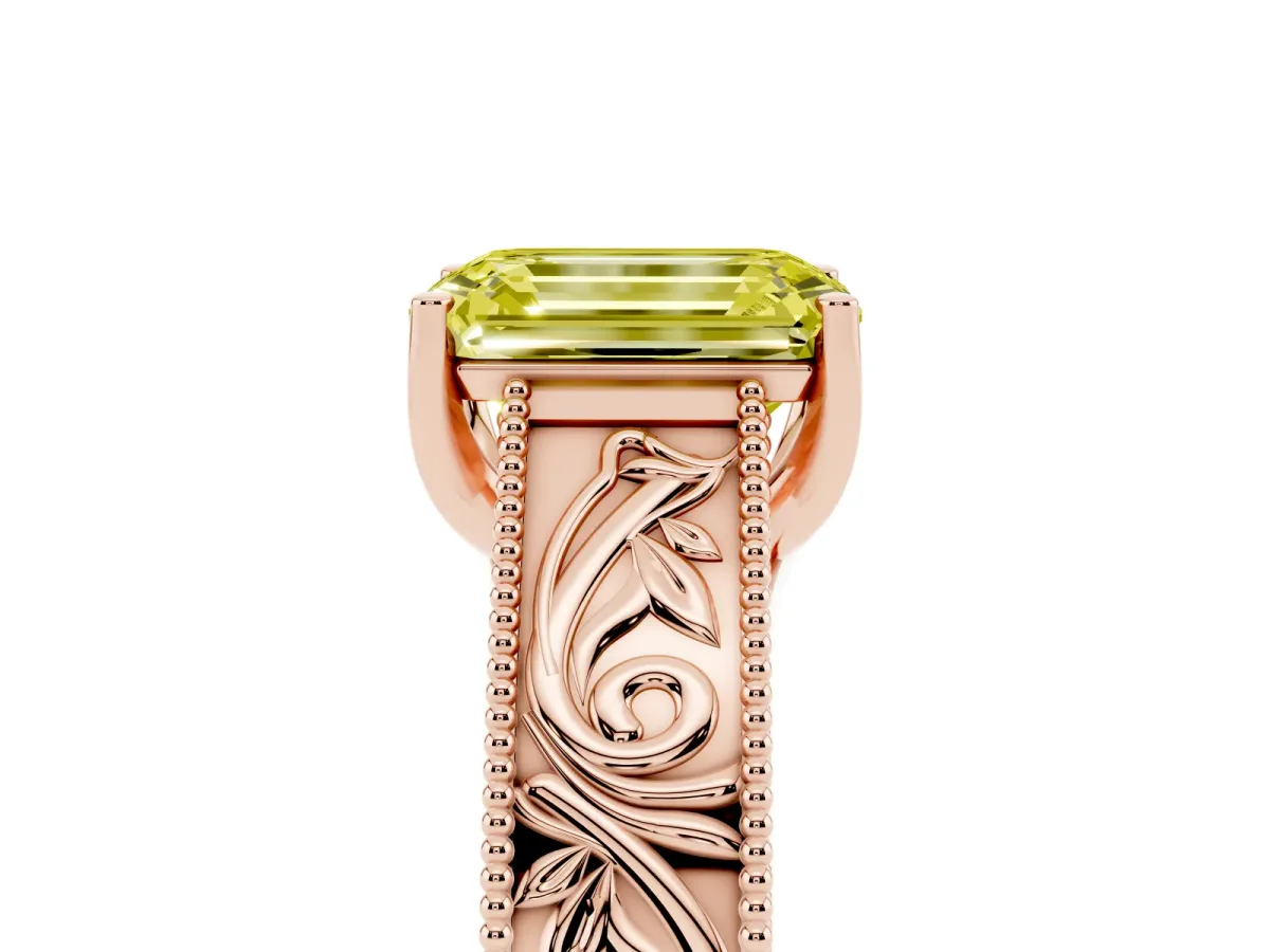 Fancy Yellow Emerald Cut Diamond Solitaire Ring with Engraved Band and Four-Prong Setting Rose gold