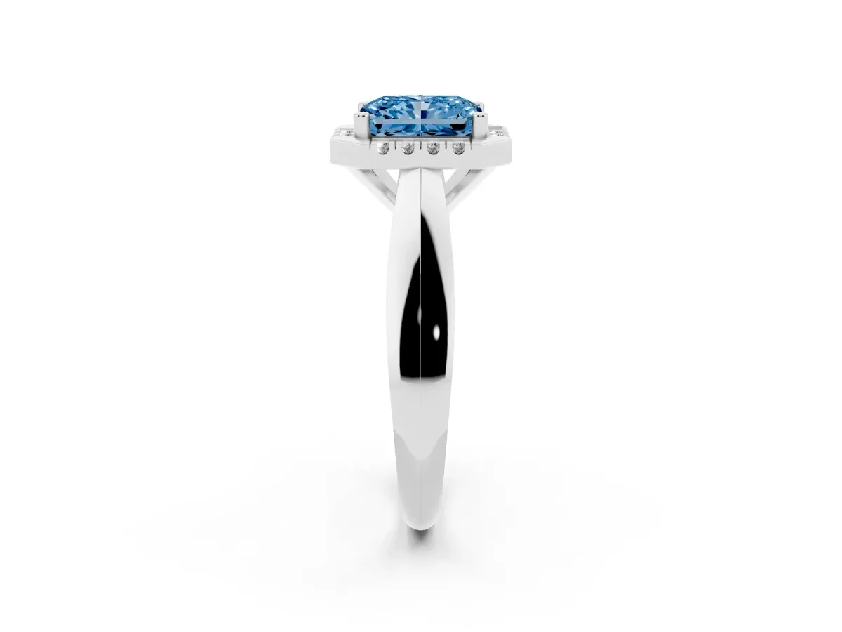 Fancy Blue Radiant Cut Cut Halo Solitaire Engagement Ring with Square Band and Four-Prong Setting Silver