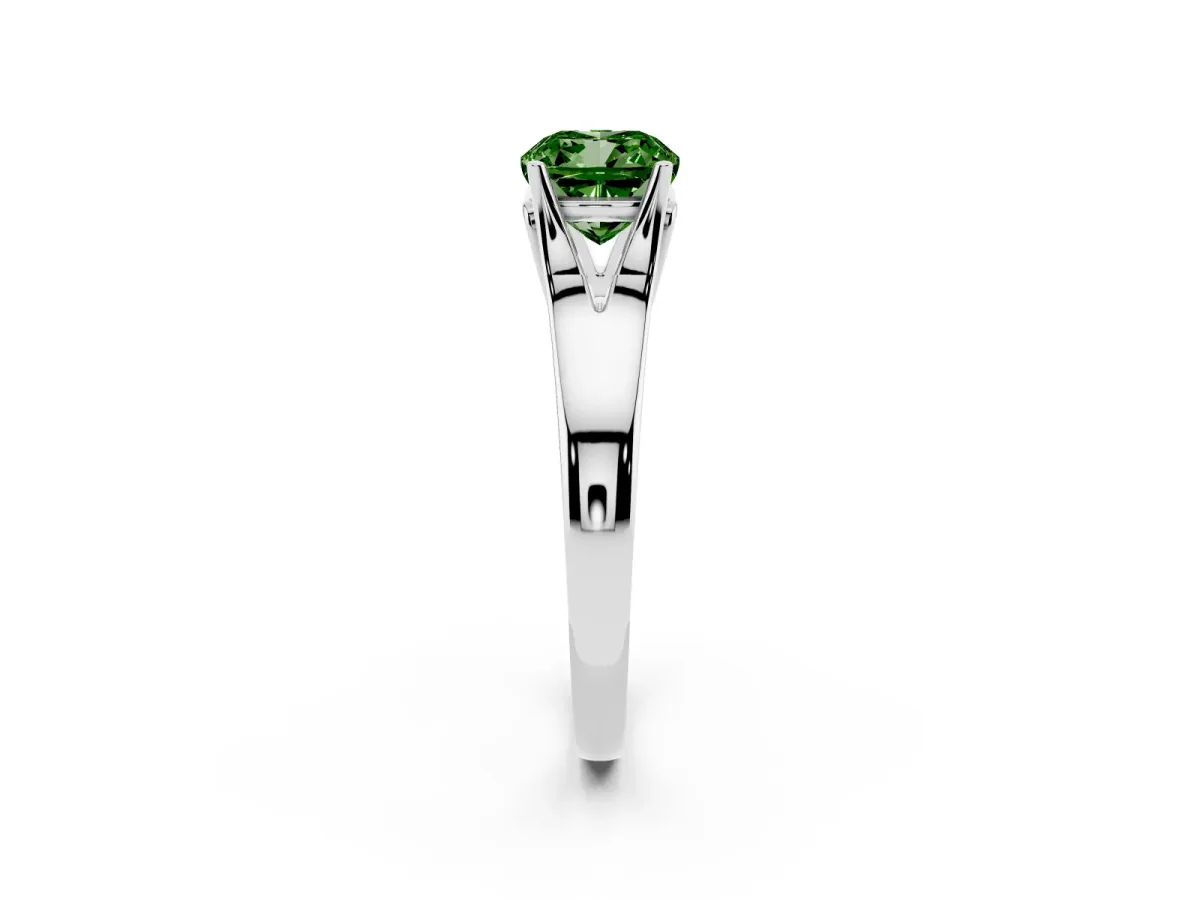 Fancy Green Cushion Cut Solitaire Diamond Ring with Cathedral Band and Four-Prong Setting Silver