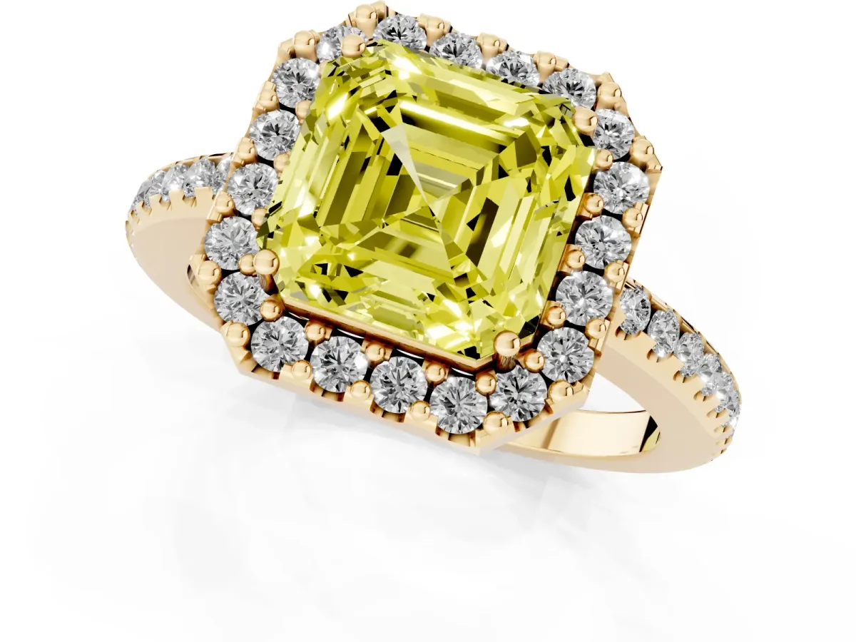 Fancy Yellow Asscher Cut Diamond Pavé Halo Ring with Four-Prong Setting Yellow gold