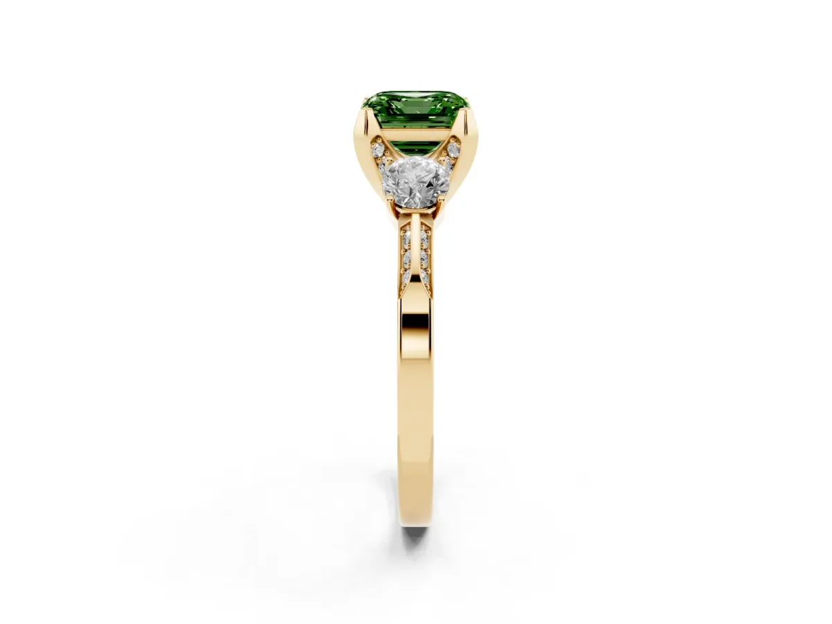 Fancy Green Asscher Cut Brilliant Three-Stone Diamond Ring with Pavé Band and Four-Prong Setting Yellow gold