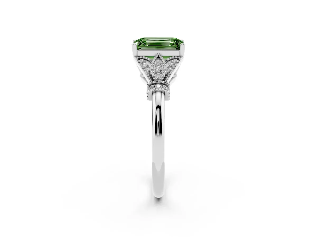 Fancy Green Emerald Cut Diamond Solitaire Ring with Floral Filigree and Pave Accents Silver