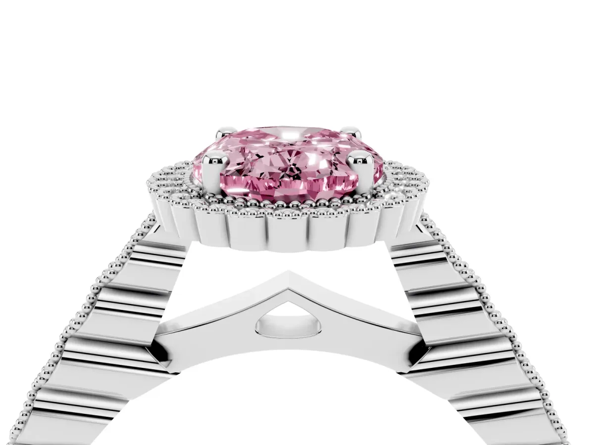 Fancy Pink Oval Cut Cut Halo Pavé Solitaire Ring with Milgrain Band White gold