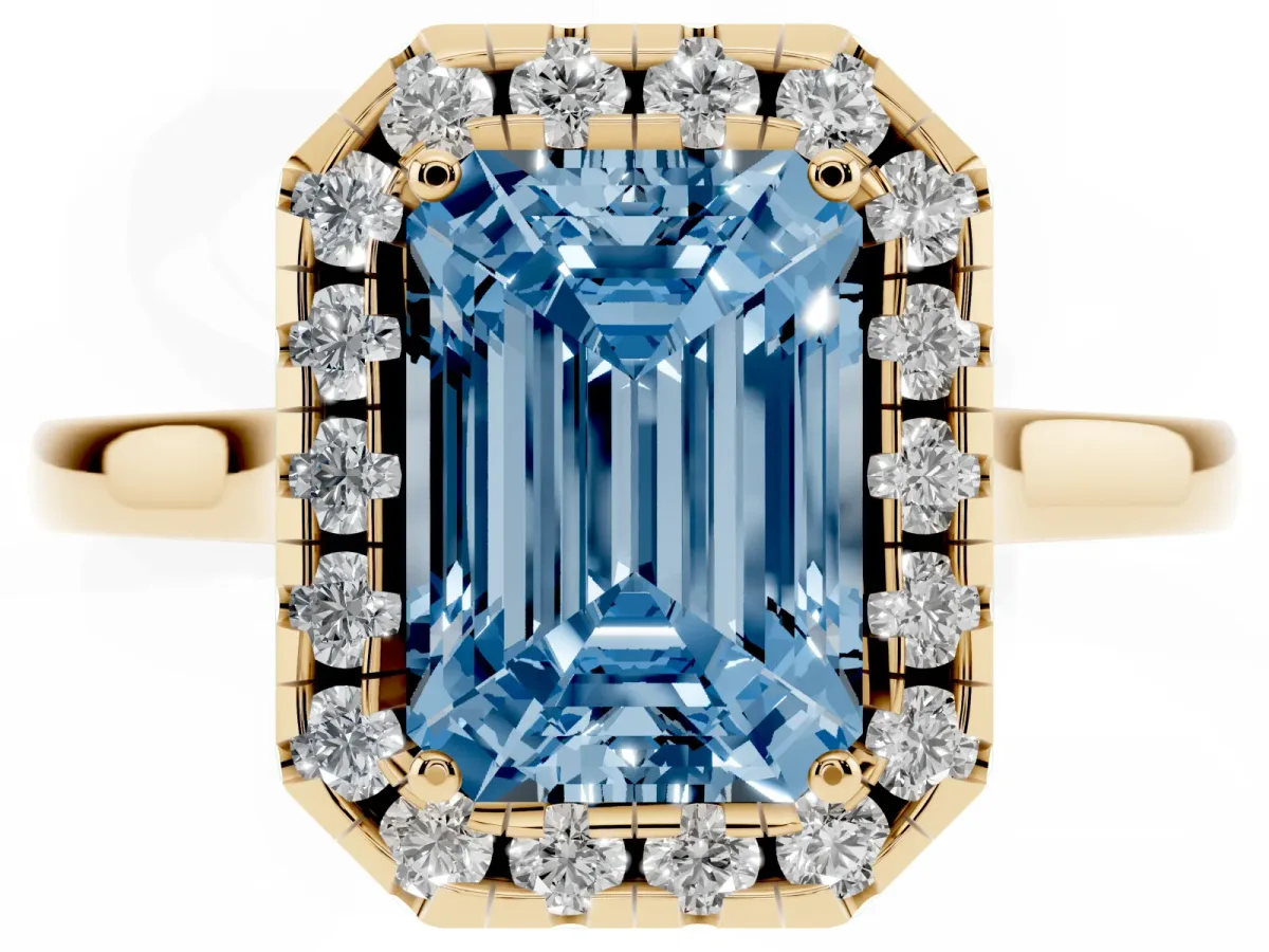 Fancy Blue Emerald Cut Halo Round Diamond Solitaire Ring with Pavé Band and Four-Prong Setting Yellow gold