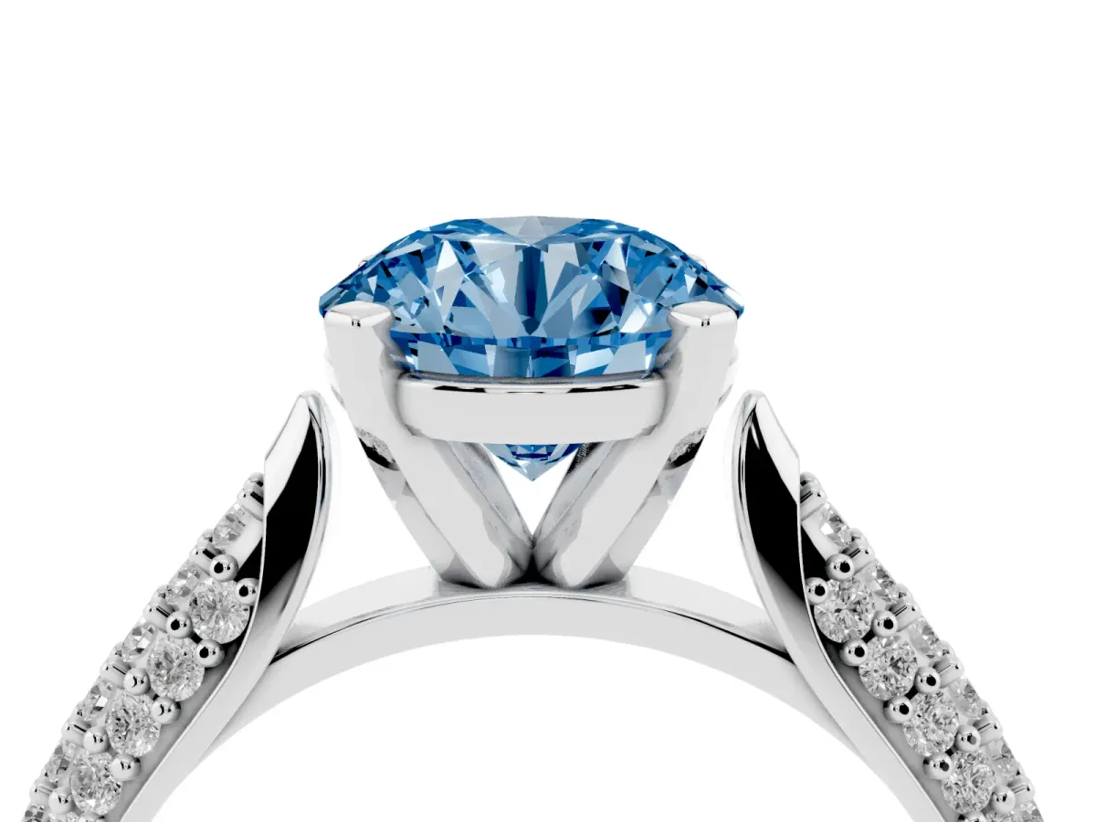 Fancy Blue Round Cut Diamond Solitaire Engagement Ring with Multi-Row Round Pavé Band and Prong Setting Silver