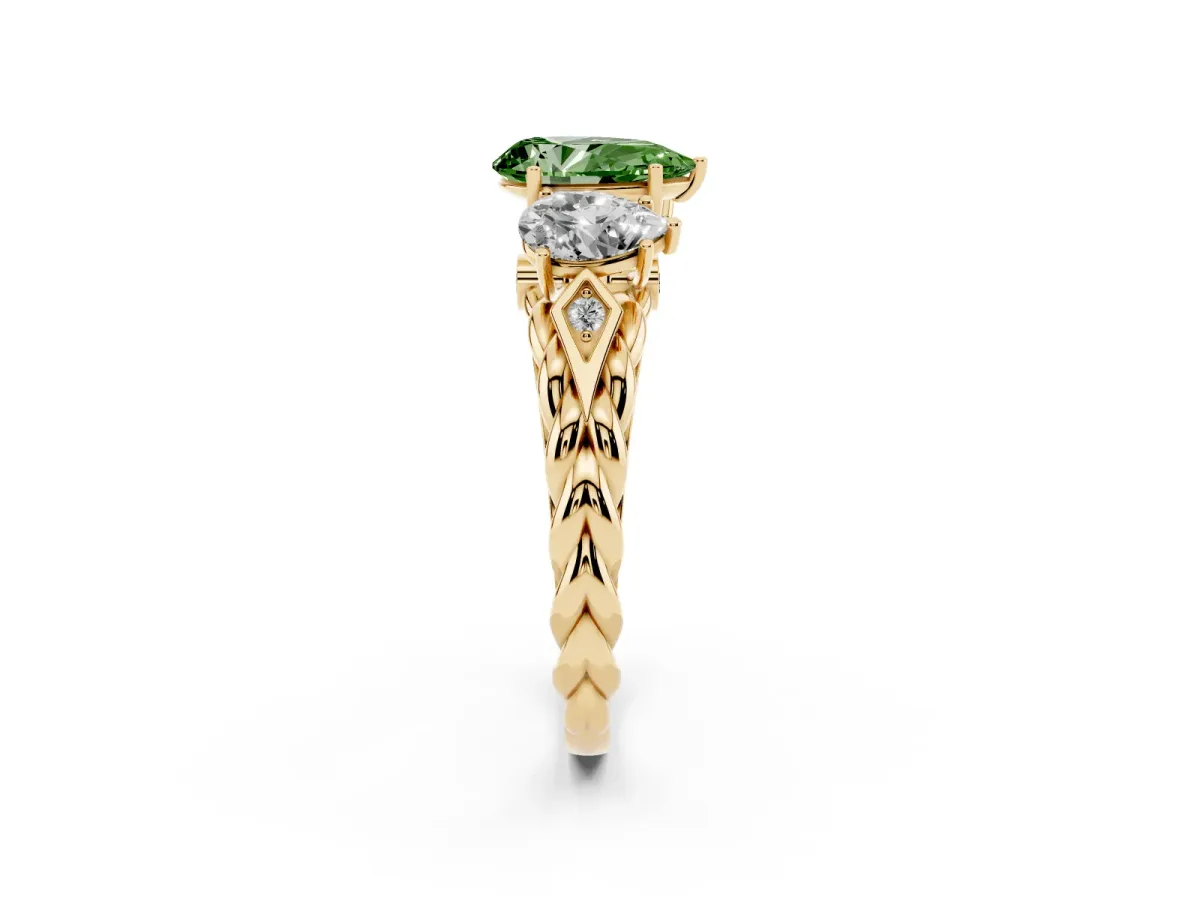 Fancy Green Three-Stone Pear Cut Diamond Braided Band Ring with Four-Prong Setting Yellow gold