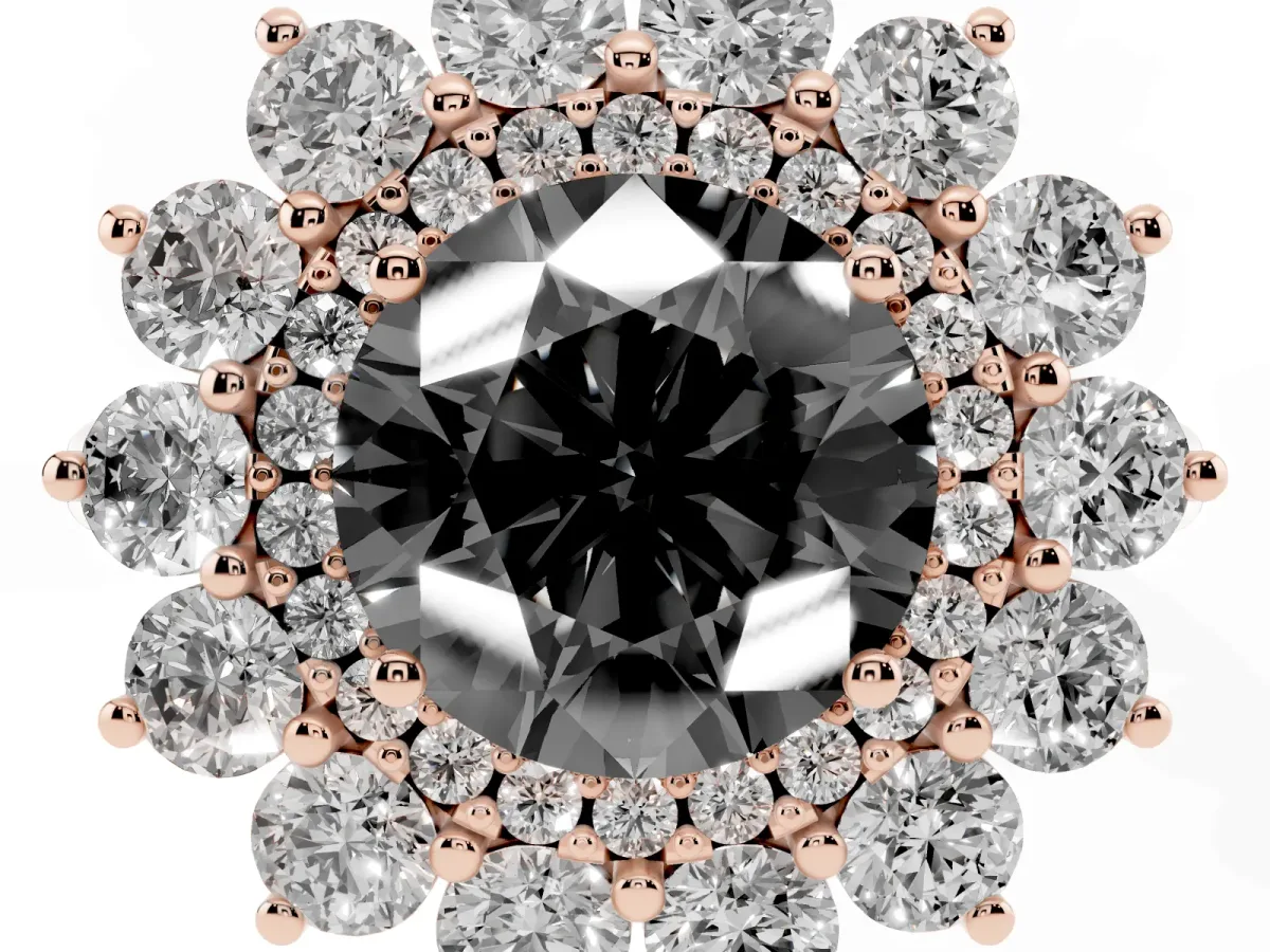 Fancy Black Round Cut Diamond Floral Double Halo Engagement Ring with Prong Setting Rose gold
