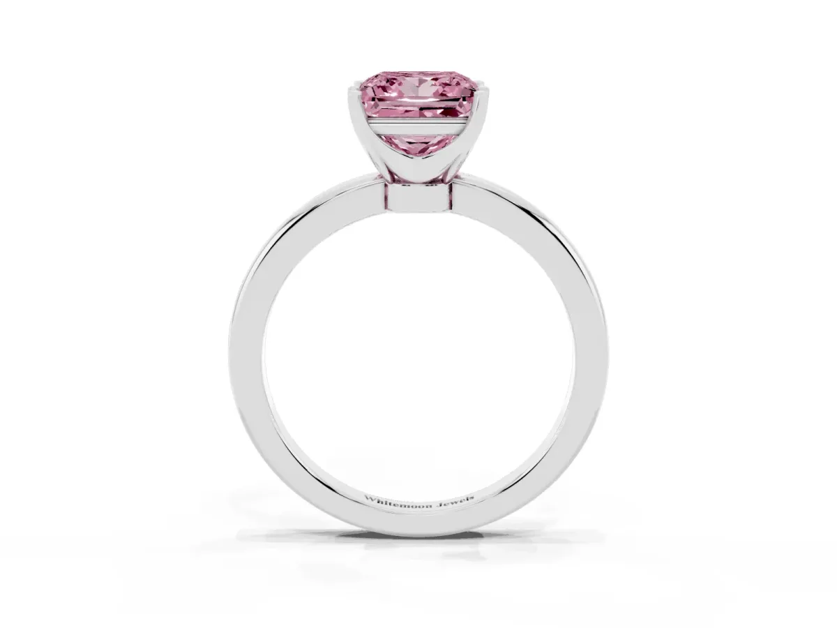Fancy Pink Princess Cut Solitaire Diamond Ring with Six-Prong Setting on a Classic Band Silver