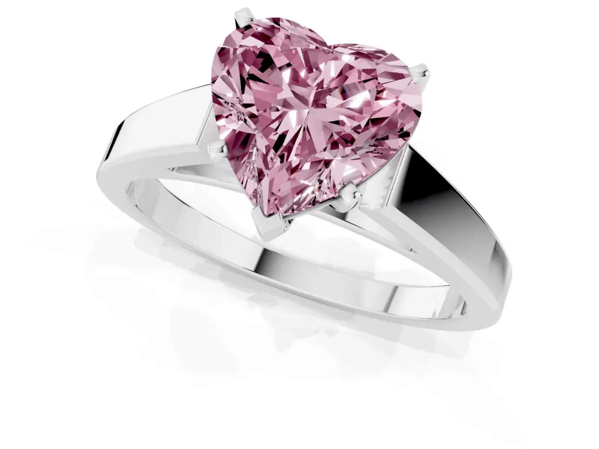 Fancy Pink Heart Cut Solitaire Engagement Ring with Four-Prong Setting and Tapered Band Platinum