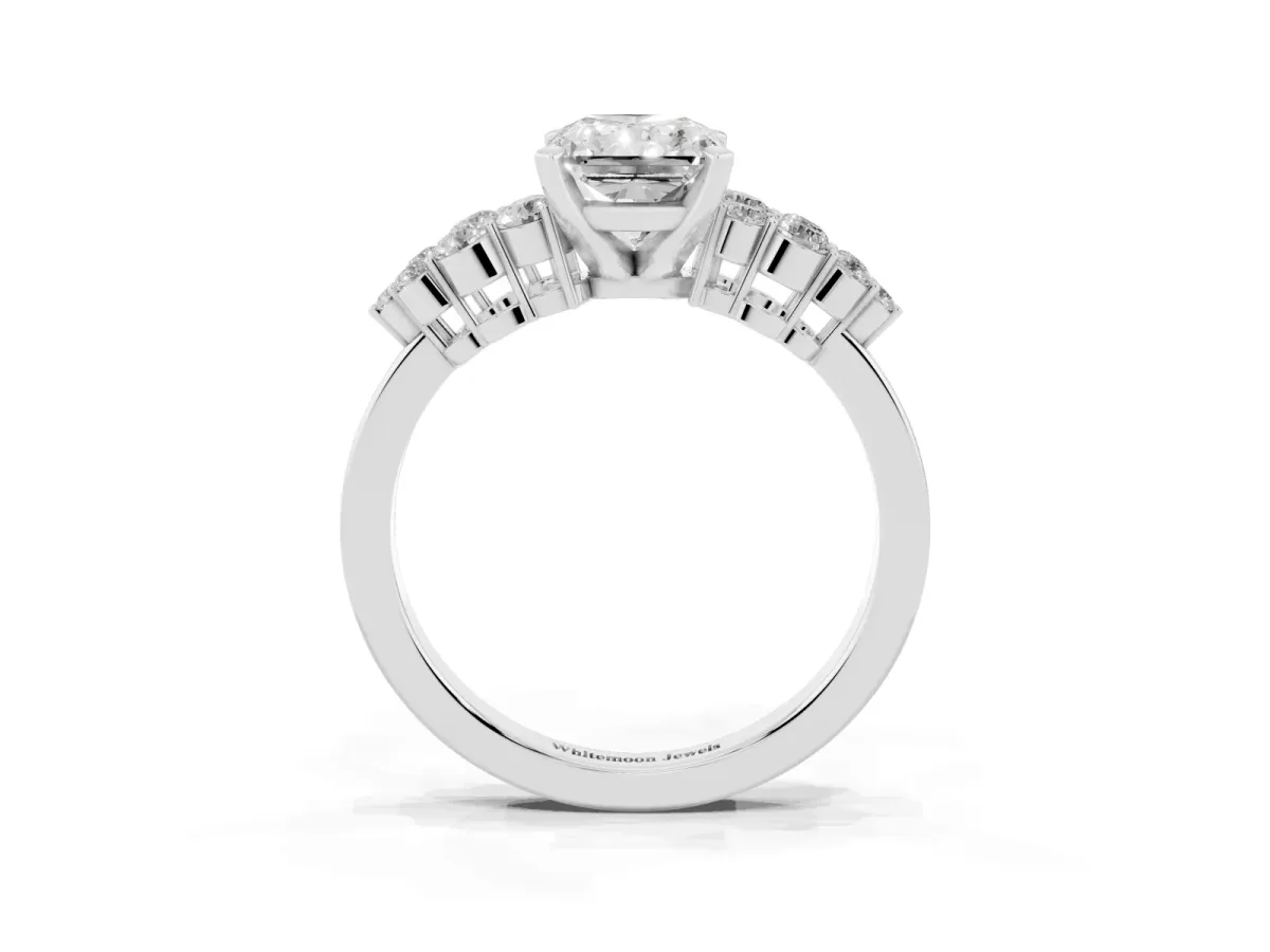 Radiant Cut Cluster Diamond Engagement Ring with Pavé Band and Four-Prong Setting Silver