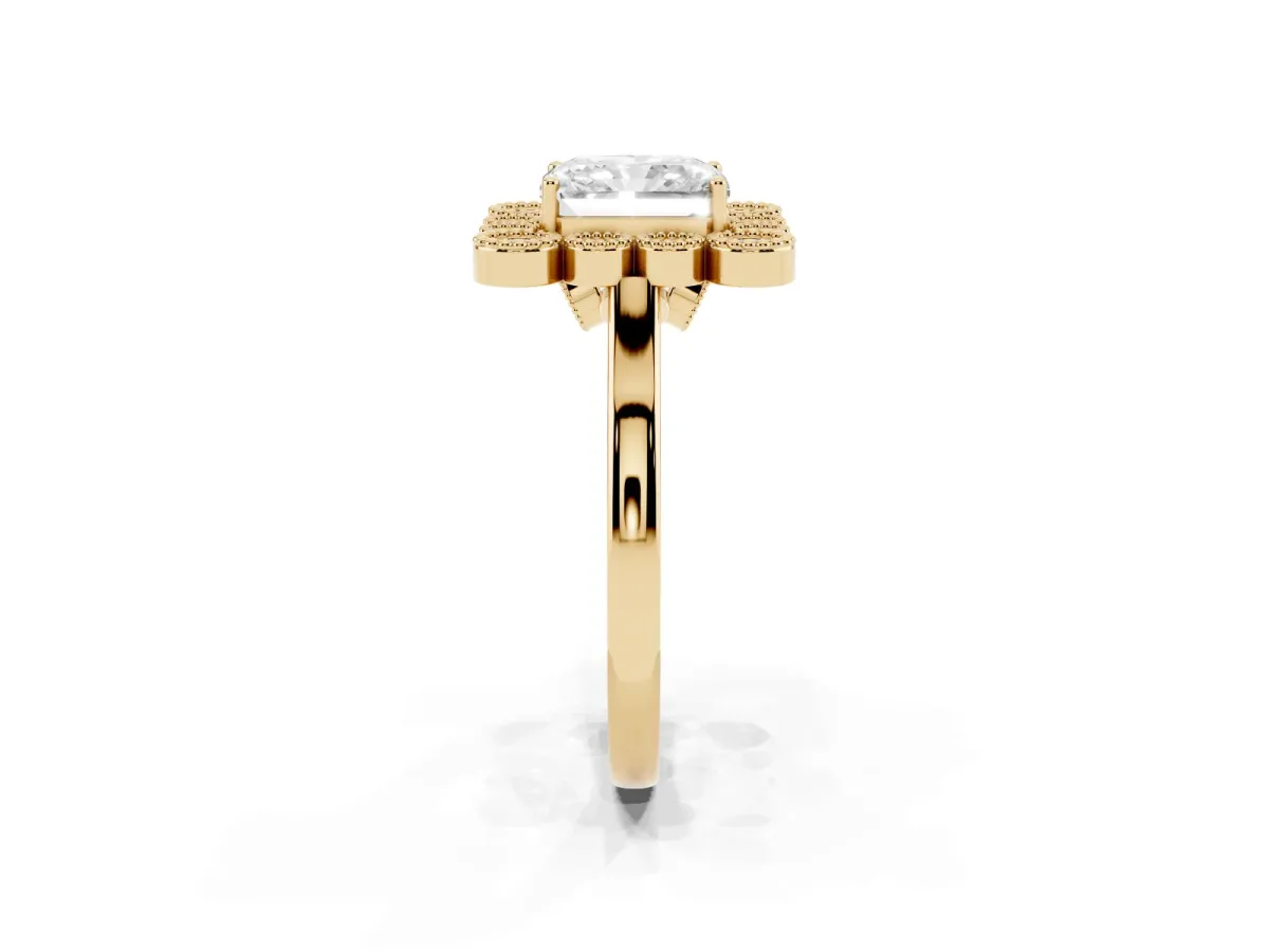 Radiant Cut Halo Diamond Cluster Engagement Ring with Milgrain Bezel Setting and Solitaire Band Yellow gold