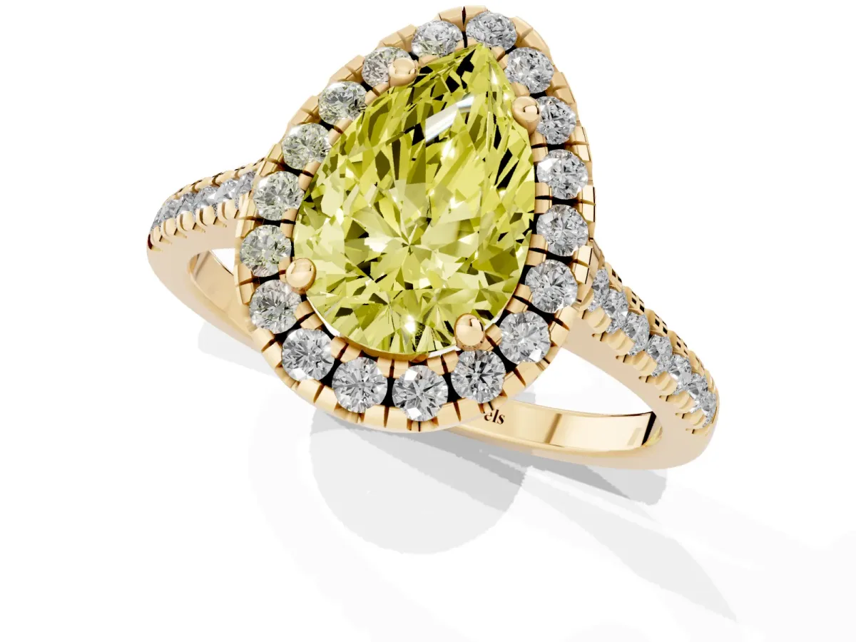Fancy Yellow Pear Cut Diamond Cushion Halo Ring with Pavé Band Yellow gold