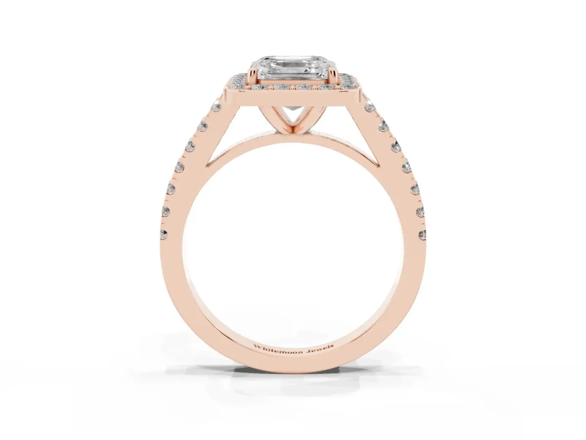 Asscher Cut Diamond Halo Ring with Round Pavé Split Shank and Prong Setting Rose gold