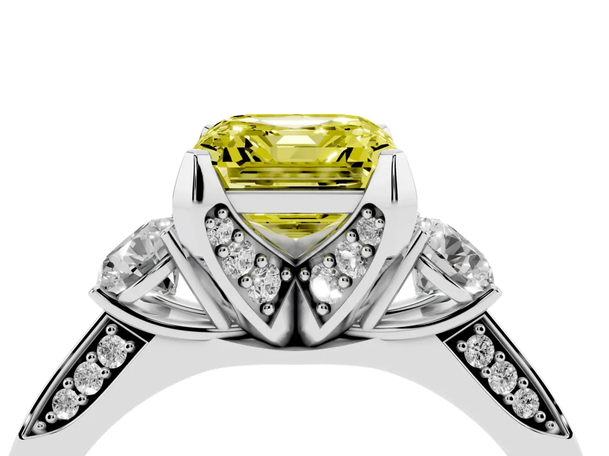 Fancy Yellow Asscher Cut Brilliant Three-Stone Diamond Ring with Pavé Band and Four-Prong Setting White gold