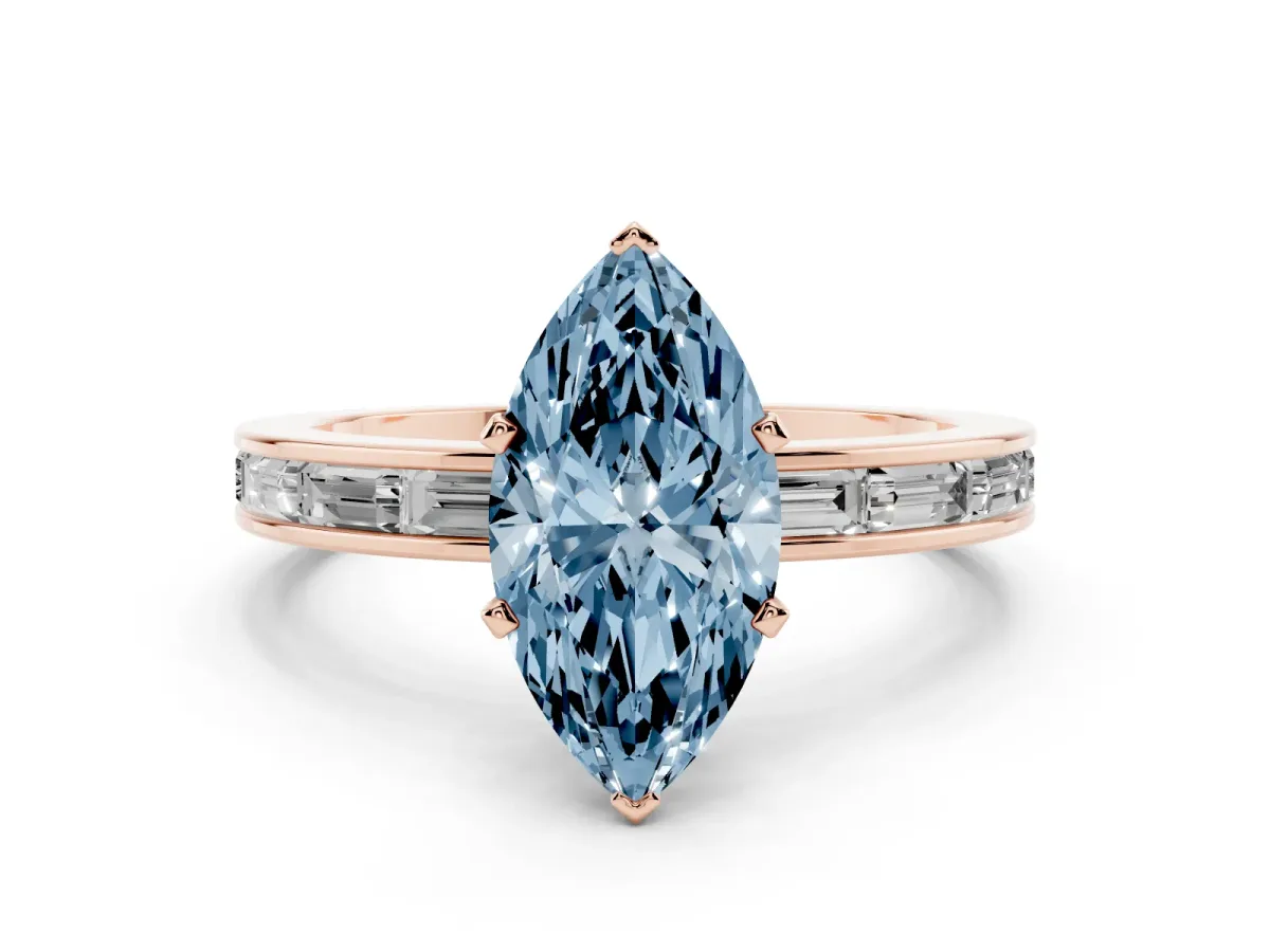 Fancy Blue Marquise Cut Solitaire Diamond Ring with Channel-Set Baguette Band and Four-Prong Setting Rose gold