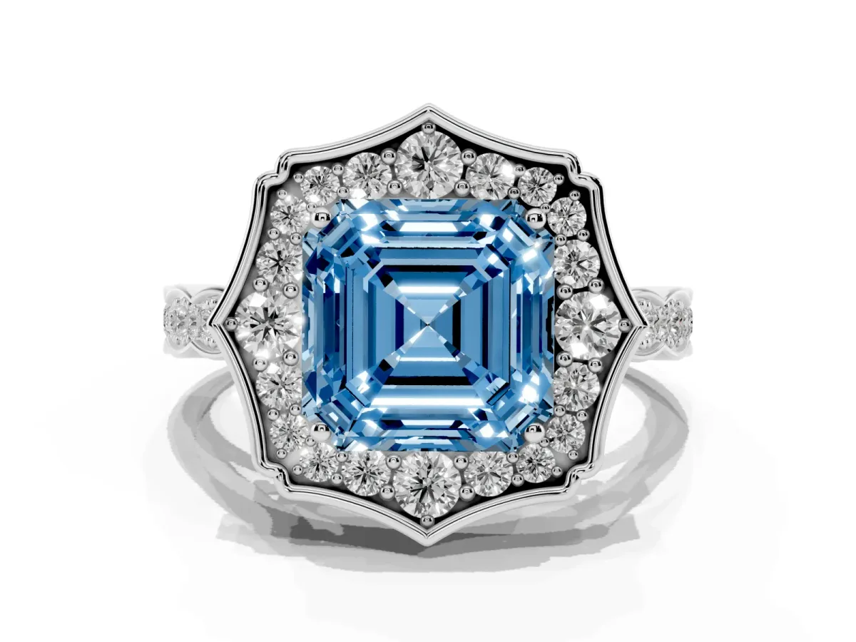 Fancy Blue Asscher Cut Halo Diamond Engagement Ring with Milgrain Band and Four-Prong Setting Platinum