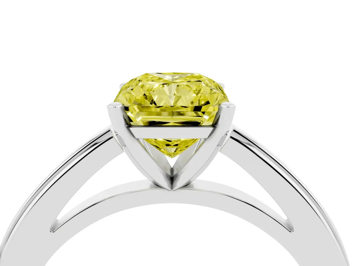 Fancy Yellow Radiant Cut Solitaire Diamond Ring with Four-Prong Setting and Classic Band Silver