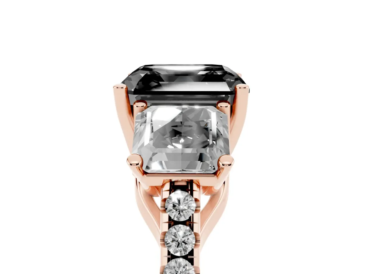 Fancy Black Three-Stone Asscher Cut Diamond Ring with Round Pavé Band and Prong Setting Rose gold