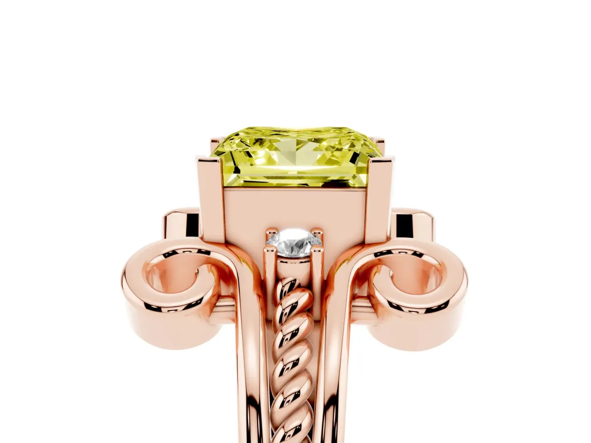 Fancy Yellow Princess Cut Solitaire Twisted Band Scroll Prong Ring Rose gold