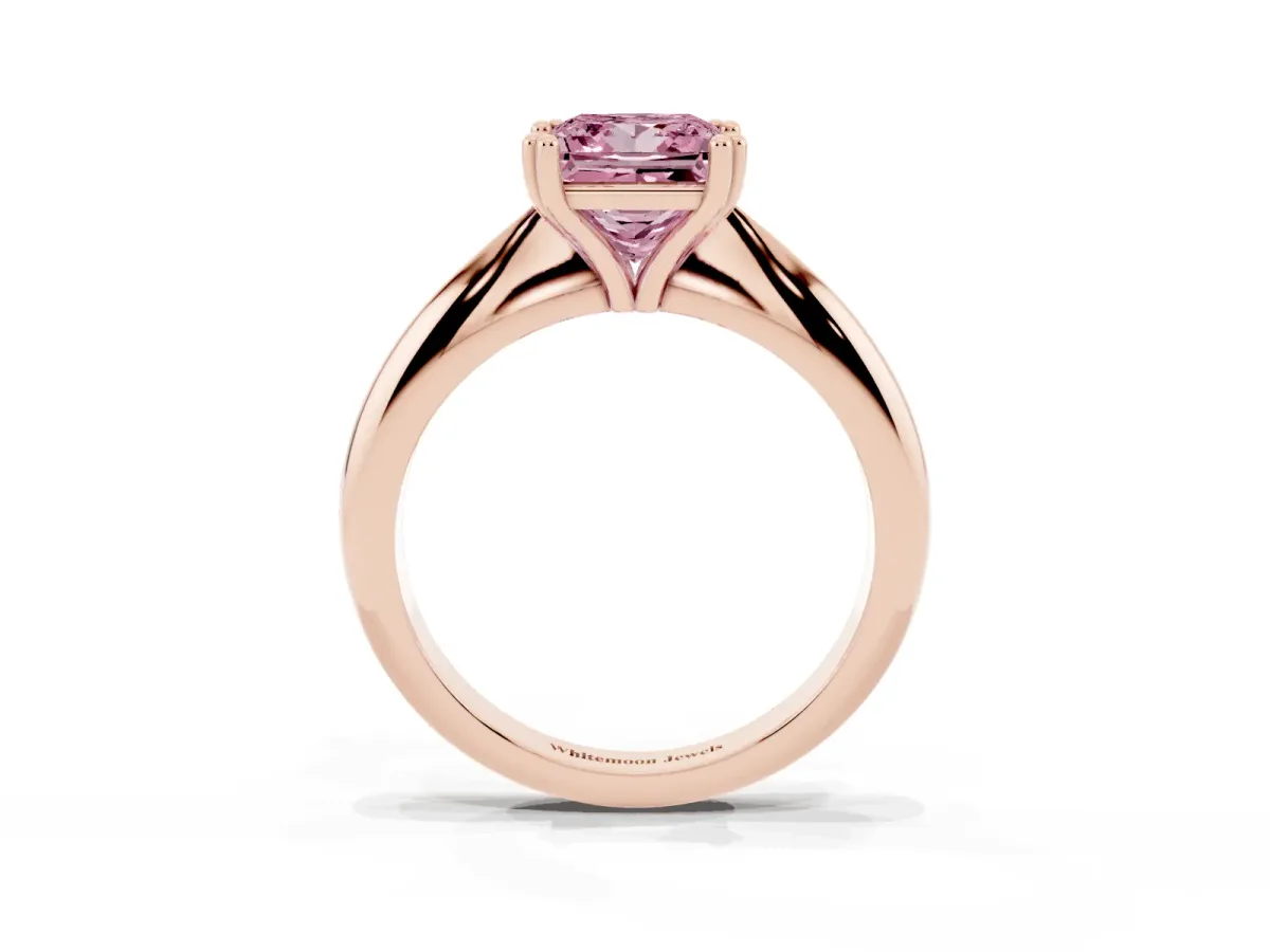 Fancy Pink Princess Cut Cut Solitaire Engagement Ring with Tapered Band and Four-Prong Setting Rose gold