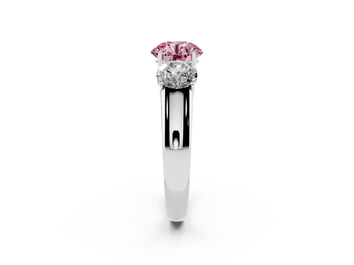 Fancy Pink Three-Stone Round Cut Cut Diamond Ring with Prong Setting and Classic Band Platinum