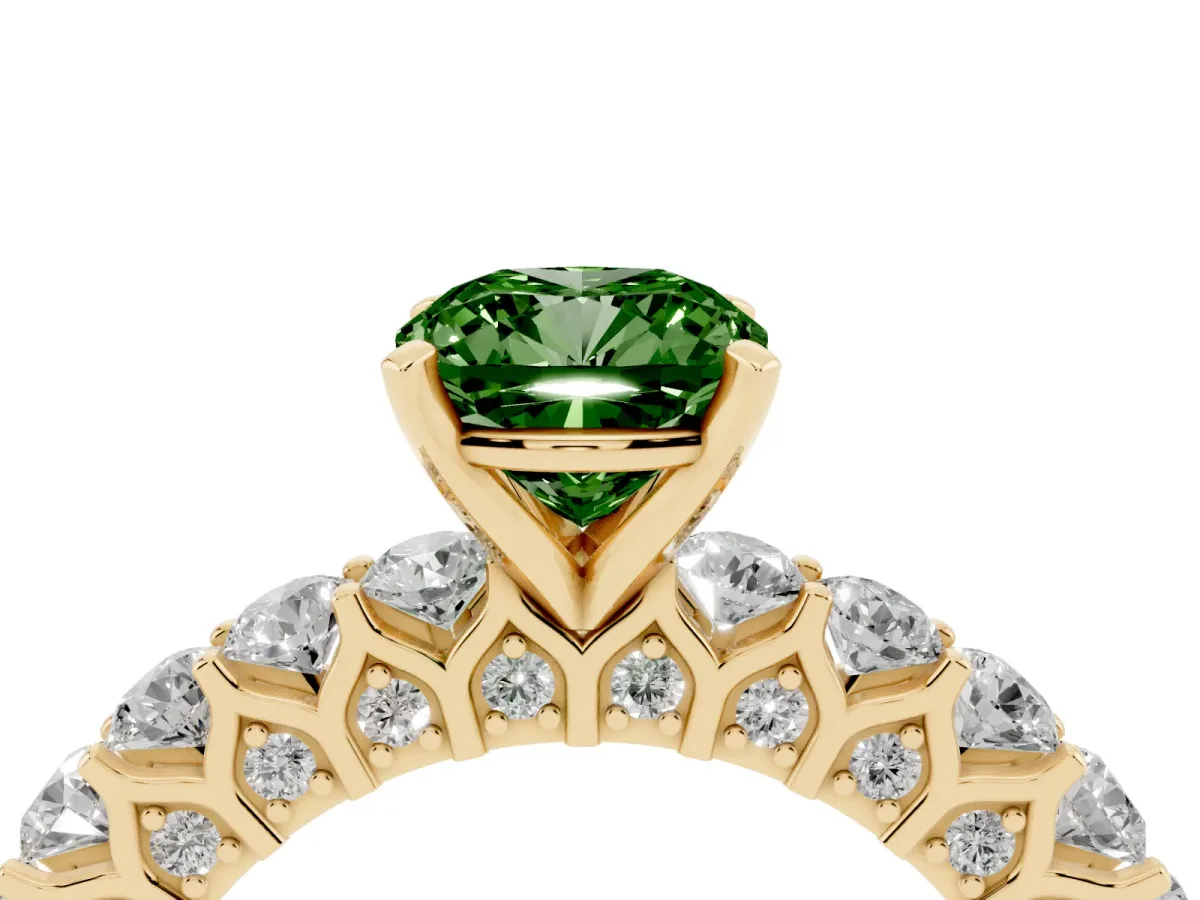 Fancy Green Cushion Cut Diamond Solitaire Ring with Shared Prong Pavé Band and Four-Prong Setting Yellow gold