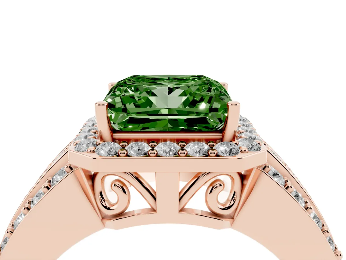 Fancy Green Princess Cut Halo Diamond Ring with Round Split Shank and Prong Setting Rose gold