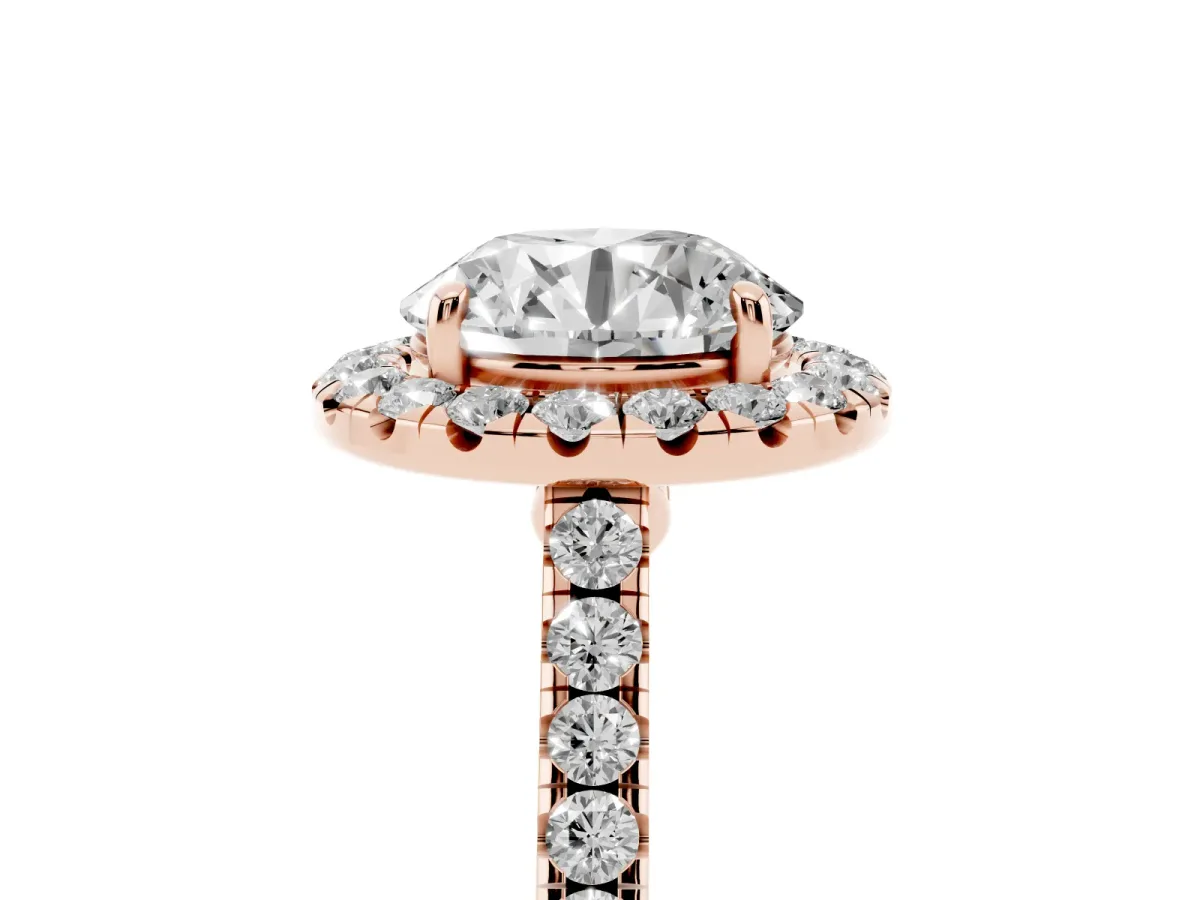 Round Cut Halo Pave Diamond Engagement Ring with Four-Prong Setting Rose gold