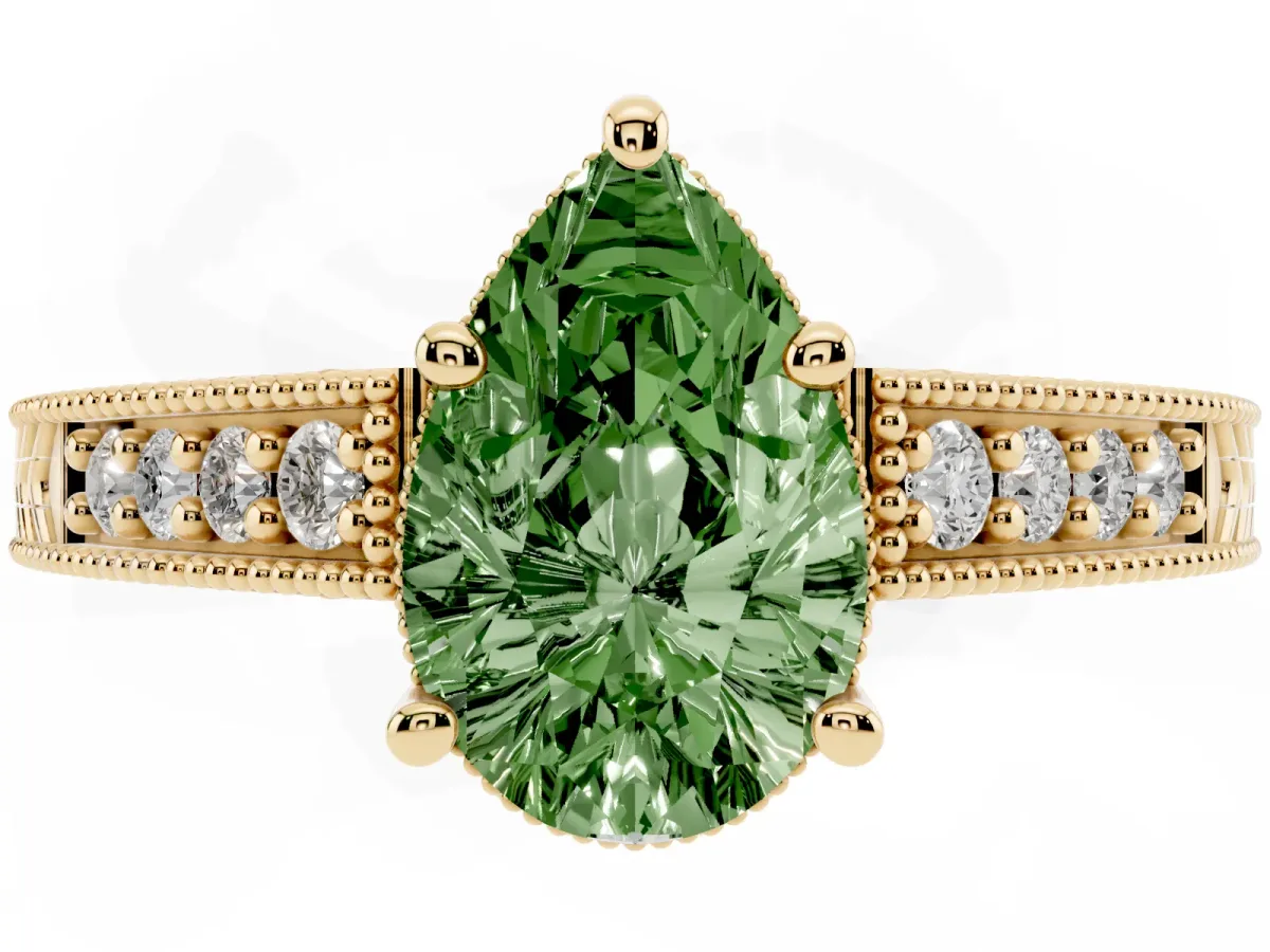 Fancy Green Pear Cut Solitaire Pavé Diamond Milgrain Engagement Ring with Four-Prong Setting Yellow gold