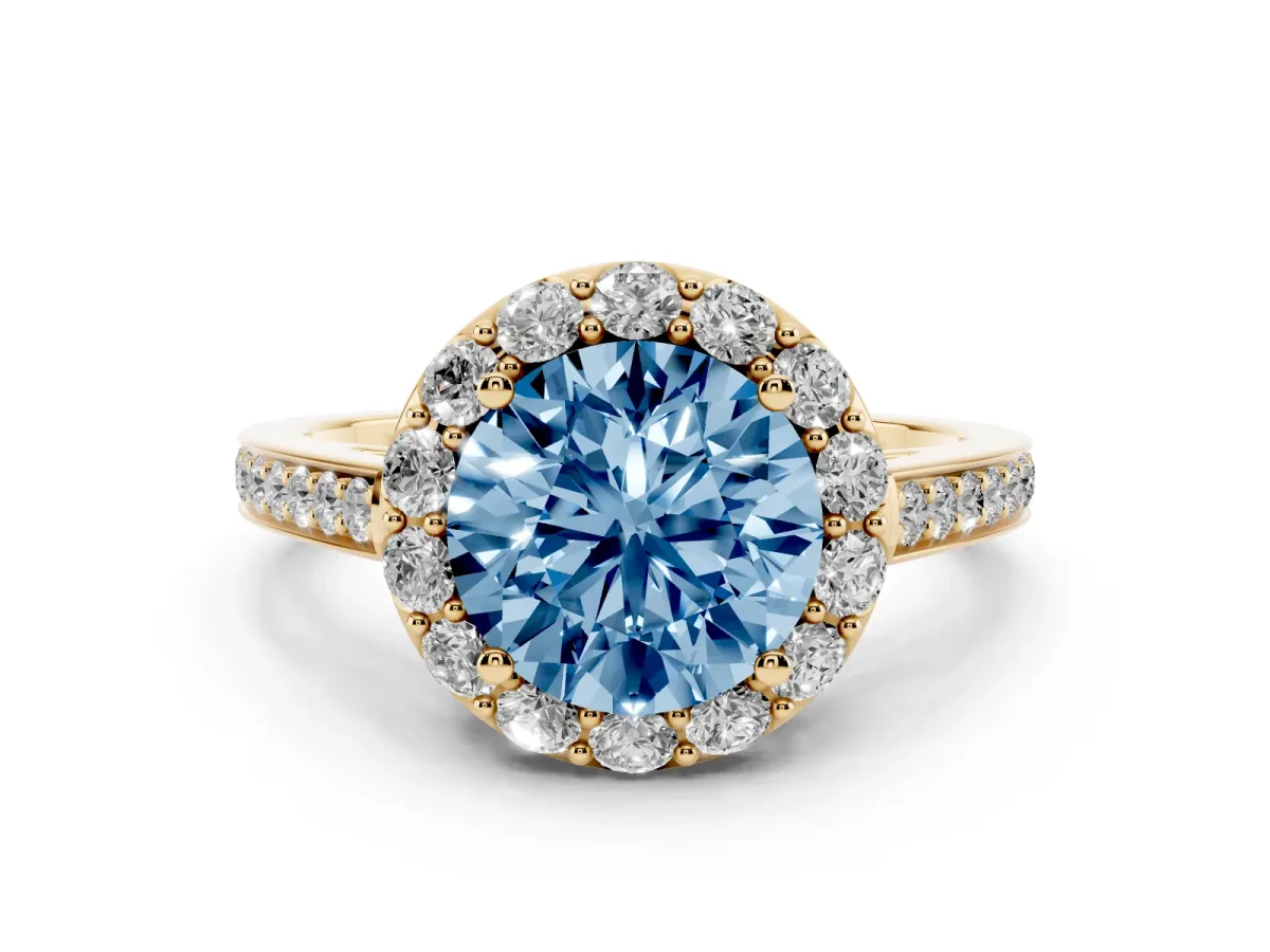 Fancy Blue Round Cut Diamond Floral Halo Ring with Pavé Band and Prong Setting Yellow gold