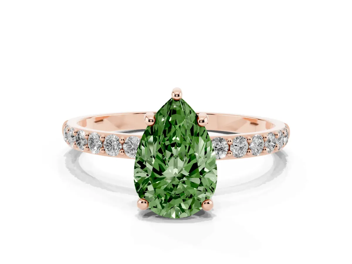 Fancy Green Pear Cut Diamond Solitaire Ring with Round Pavé Band and Prong Setting Rose gold