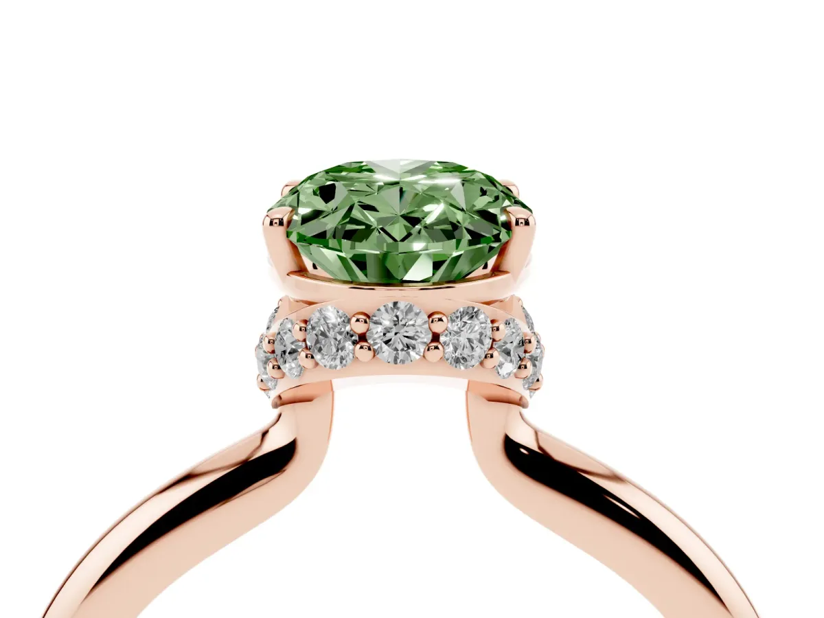 Fancy Green Oval Cut Brilliant Solitaire Engagement Ring with Six-Prong Setting and Classic Band Rose gold