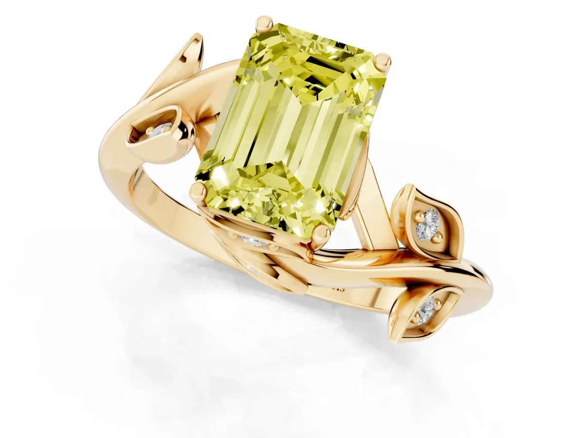 Fancy Yellow Emerald Cut Solitaire Twist Engagement Ring with Leaf Accents and Prong Setting Yellow gold